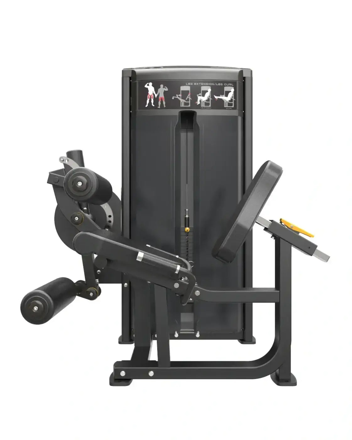 Black metal pro series leg extension leg curl machine with yellow handle accents and weight plates for home fitness
