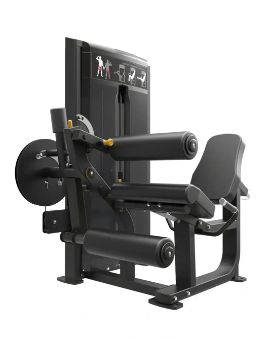 Black pro series leg extension leg curl machine with padded seat and weight stack for home fitness use