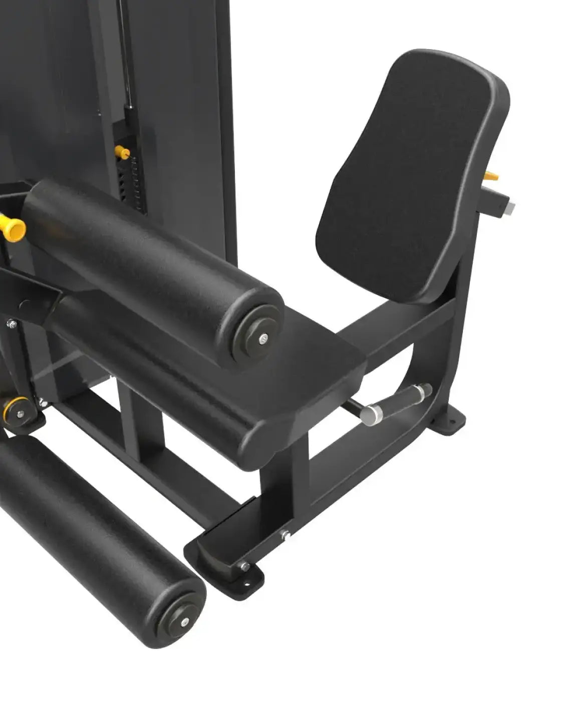 Pro series leg extension leg curl black leg press machine with padded seat and yellow adjustment knobs for home fitness