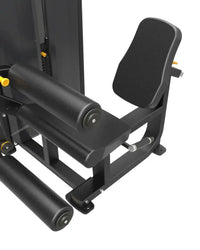 Pro series leg extension leg curl black leg press machine with padded seat and yellow adjustment knobs for home fitness