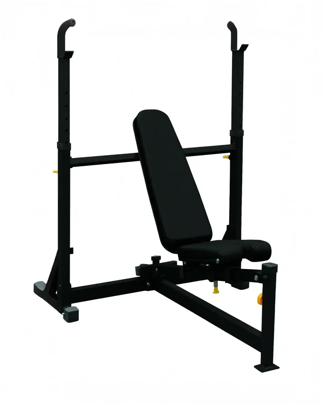 Black pro series olympic adjustable bench with padded seat and backrest and sturdy metal frame in compact design