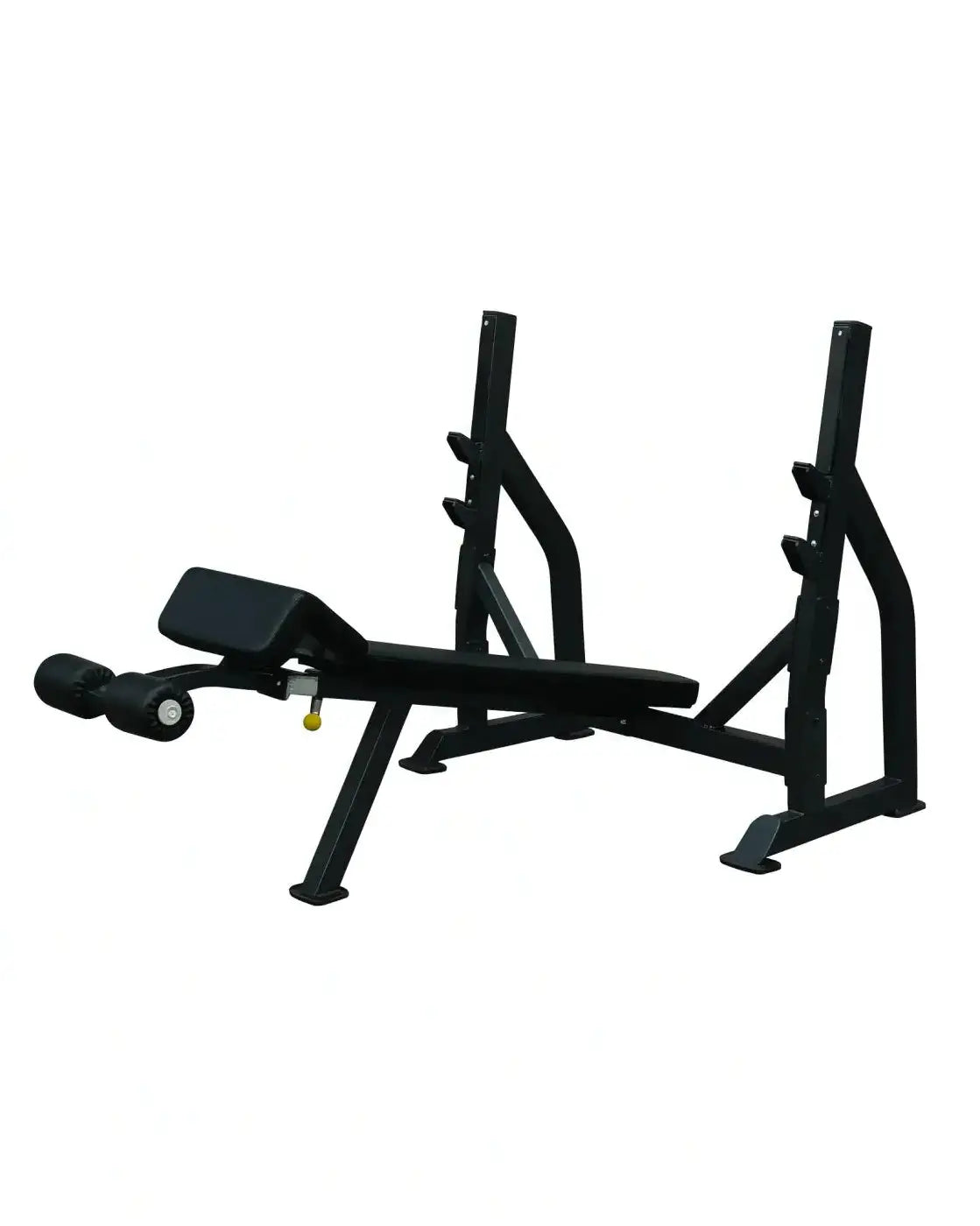 Black pro series olympic decline bench with adjustable backrest and leg extension attachment for home gyms