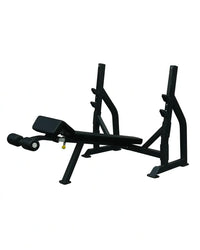 Black pro series olympic decline bench with adjustable backrest and leg extension attachment for home gyms