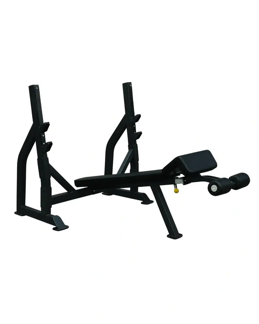 Black Pro Series Olympic decline bench with adjustable backrest and leg extension attachment for home gyms