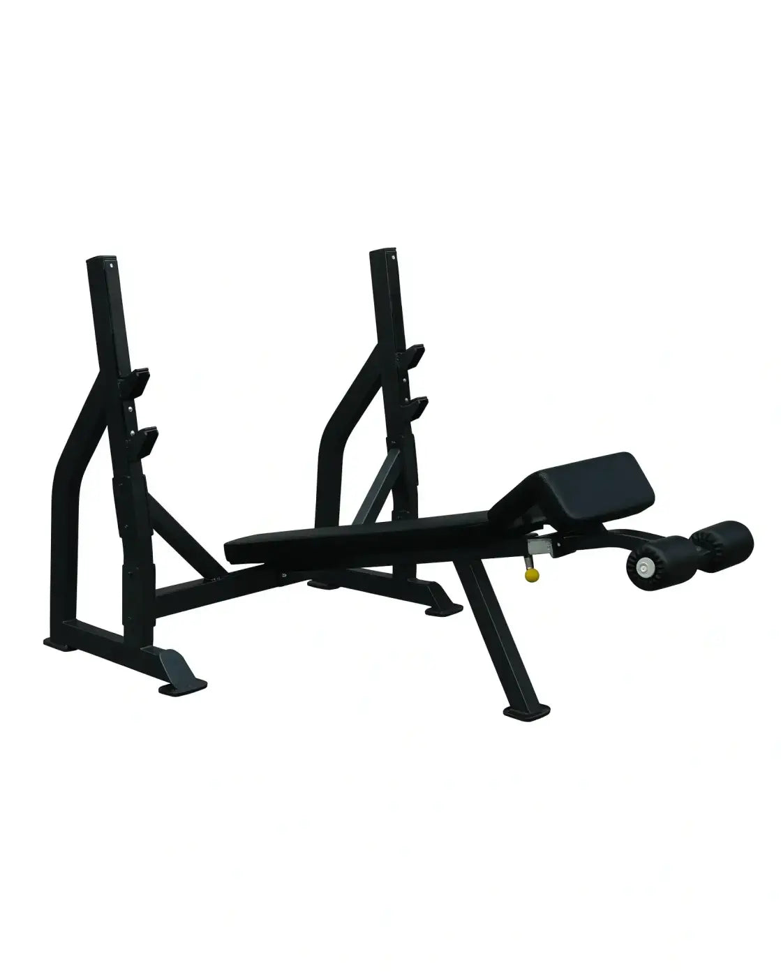 Black Pro Series Olympic decline bench with adjustable backrest and leg extension attachment for home gyms