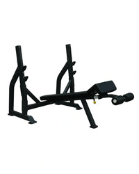 Black Pro Series Olympic decline bench with adjustable backrest and leg extension attachment for home gyms