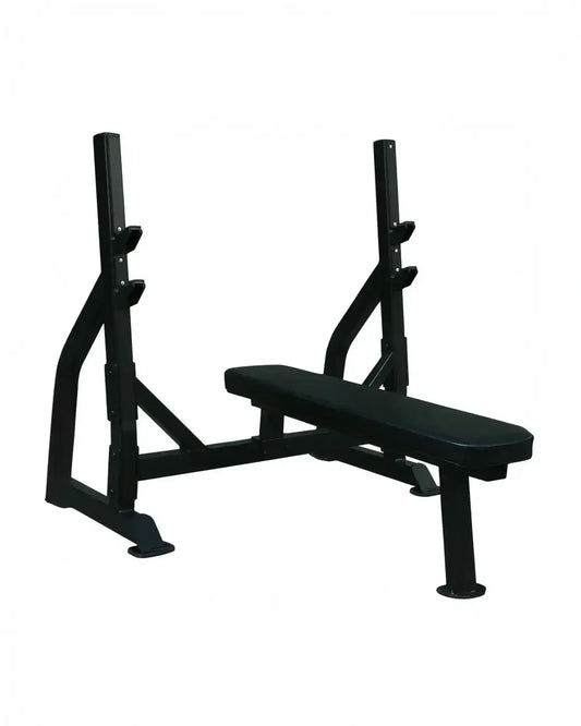 Black Pro Series Olympic flat bench with padded seat and adjustable safety bars for home gym use