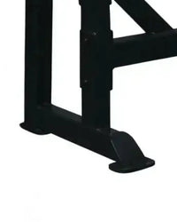 Black metal weight rack stand with sturdy triangular frame and footplates for pro series olympic incline bench home workout