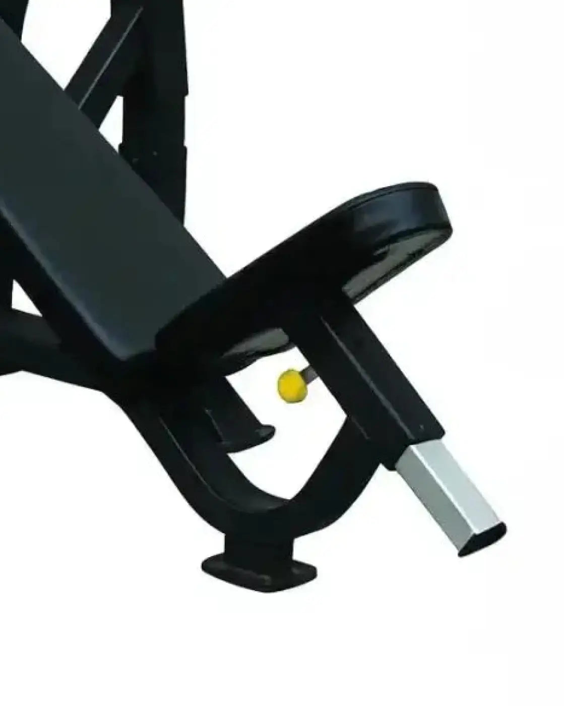 Pro series olympic incline bench with black padded seat, yellow adjustment knob, and silver metal frame for home workout
