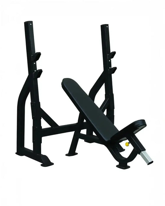 Black pro series olympic incline weight bench with adjustable incline and safety bars for home workout use