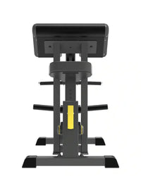 Pro series plate loaded bicep curl bench with black upholstery yellow adjustment lever and metal frame for uk delivery