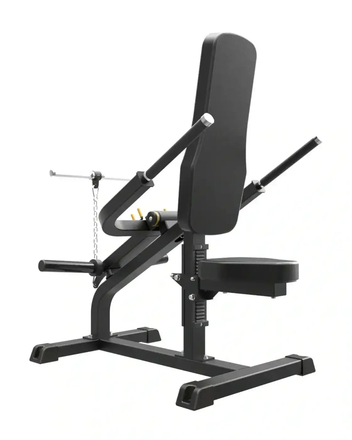 Black metal adjustable leg press machine with padded seat and backrest for pro series plate loaded bicep triceps home workout