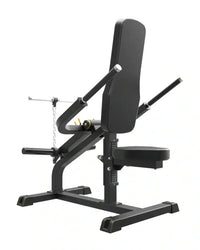 Black metal adjustable leg press machine with padded seat and backrest for pro series plate loaded bicep triceps home workout
