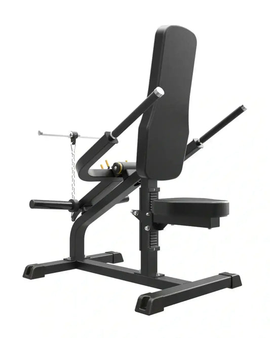 Black metal adjustable leg press machine with padded seat and backrest for pro series plate loaded bicep triceps home workout