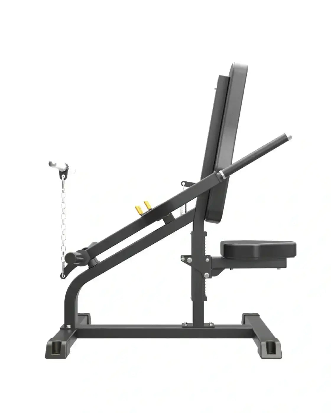 Black metal incline bench with adjustable backrest and cable pulley system for pro series plate loaded bicep triceps workout