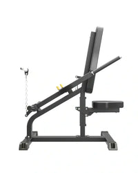 Black metal incline bench with adjustable backrest and cable pulley system for pro series plate loaded bicep triceps workout