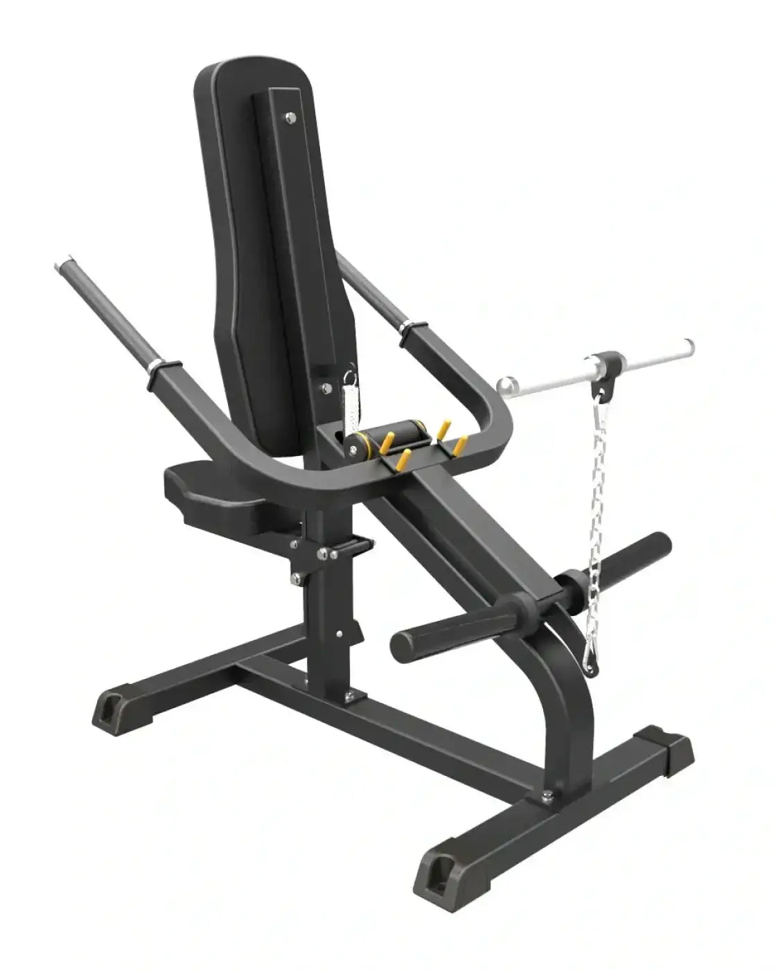 Black metal pro series plate loaded workout bench with adjustable backrest and attached chain for resistance training