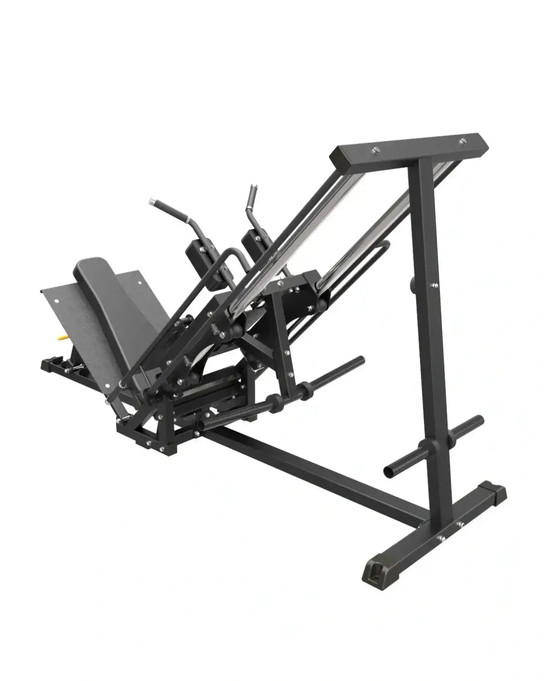 Black metal pro series plate loaded hack squat and leg press with adjustable foot platform and handlebars