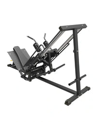 Black metal pro series plate loaded hack squat and leg press with adjustable foot platform and handlebars