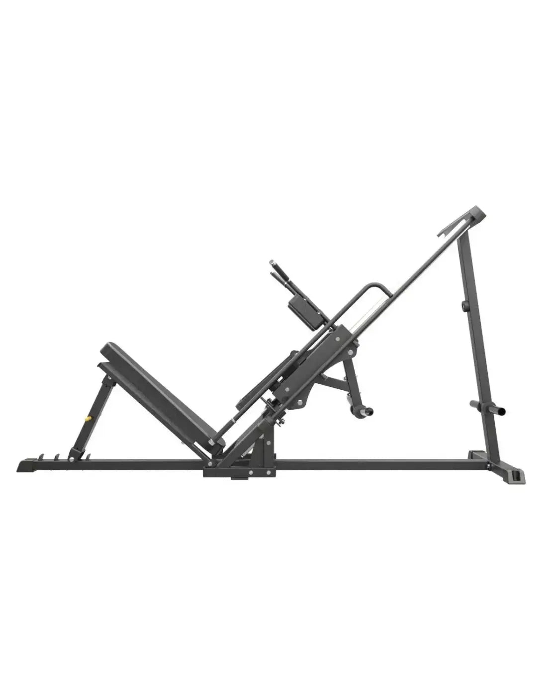 Black metal pro series plate loaded leg press machine with adjustable incline and weight stack for compact gyms