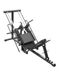 Black metal pro series plate loaded hack squat leg press machine with adjustable weight plates and padded seating