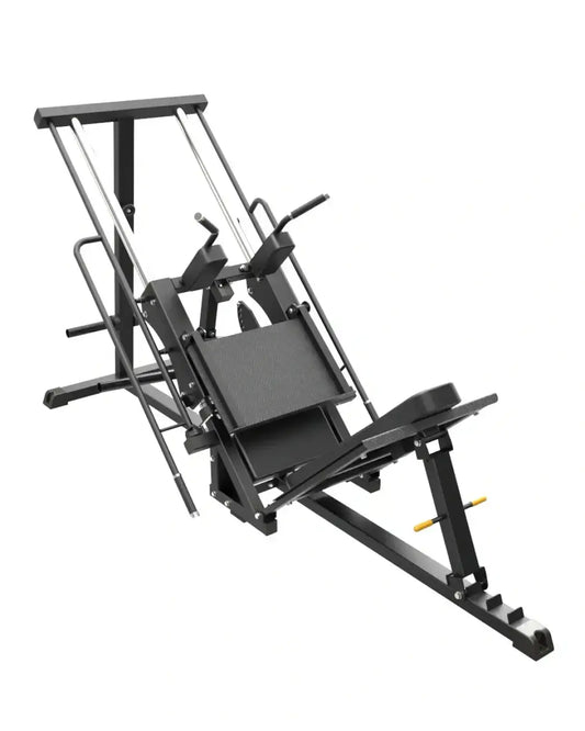 Black metal pro series plate loaded hack squat leg press machine with adjustable weight plates and padded seating