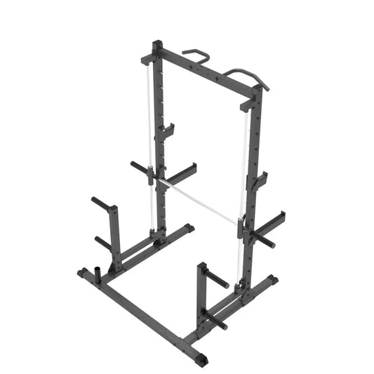 Black metal pro series plate loaded half cage smith machine with adjustable safety bars and weight plates for home workout