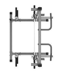 Gray metal pro series plate loaded half cage smith machine with black accents and adjustable safety bars for home workout