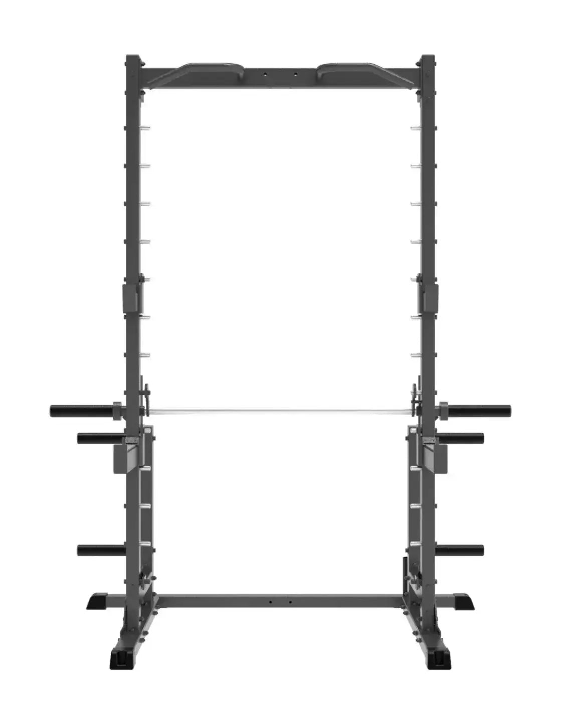 Black metal Pro Series plate loaded half cage Smith machine with adjustable safety bars and barbell on lower shelf for home workout