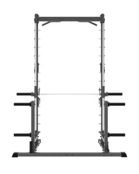 Black half cage smith machine with adjustable height bars and horizontal barbell rack for home workout use
