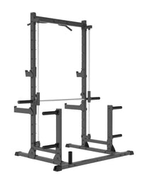 Black metal pro series plate loaded half cage smith machine with adjustable safety bars and barbell for home workout
