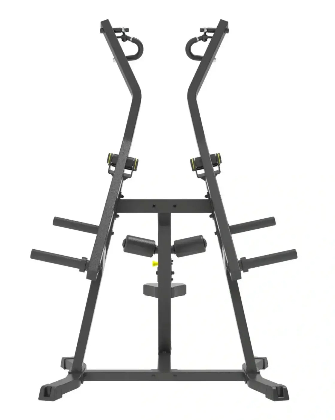 Pro series plate loaded lat pulldown with black metal weight rack and adjustable yellow accent barbell holders for home fitness