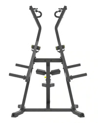 Pro series plate loaded lat pulldown with black metal weight rack and adjustable yellow accent barbell holders for home fitness