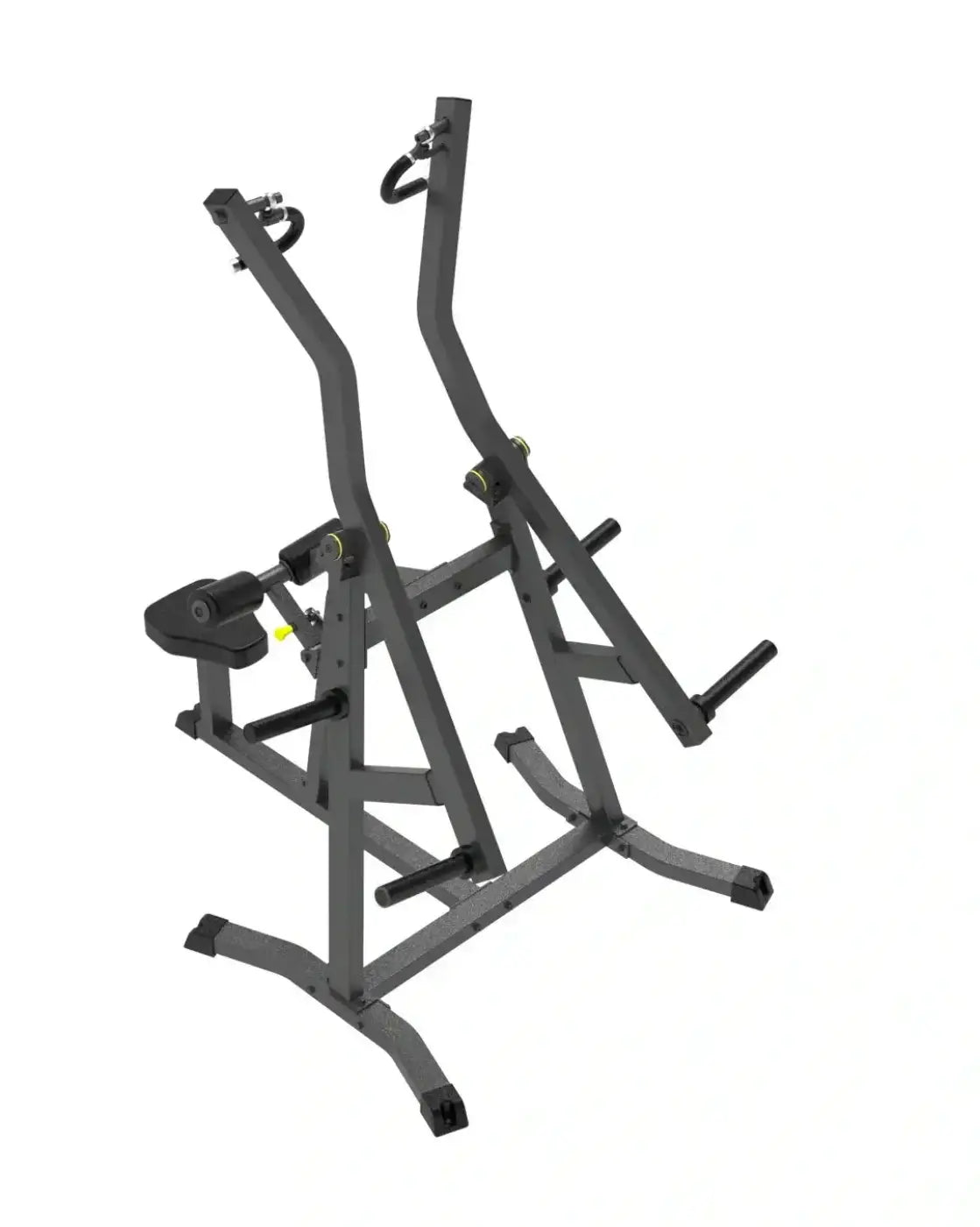 Black metal pro series plate loaded lat pulldown machine with adjustable handles and padded footrest for home fitness