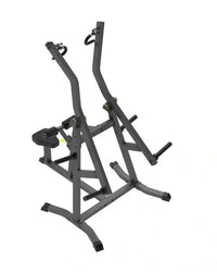 Black metal pro series plate loaded lat pulldown machine with adjustable handles and padded footrest for home fitness