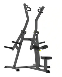 Black metal pro series plate loaded lat pulldown with adjustable handles and padded seat for home fitness use