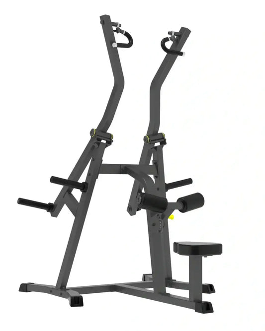 Black metal pro series plate loaded lat pulldown with adjustable handles and padded seat for home fitness use