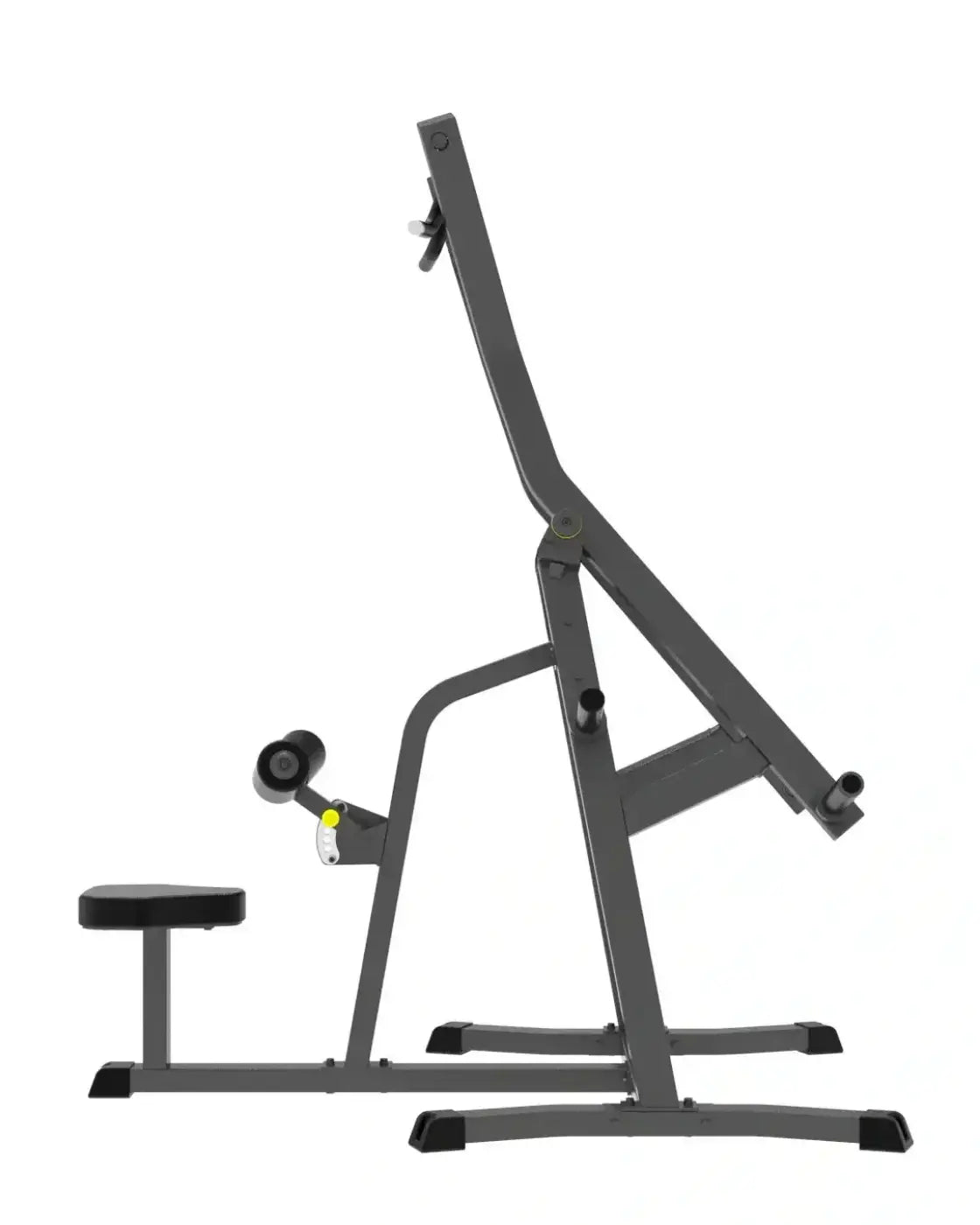 Black metal adjustable incline bench with padded seat and handle attachments for pro series plate loaded lat pulldown