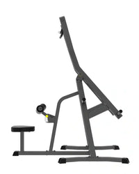 Black metal adjustable incline bench with padded seat and handle attachments for pro series plate loaded lat pulldown