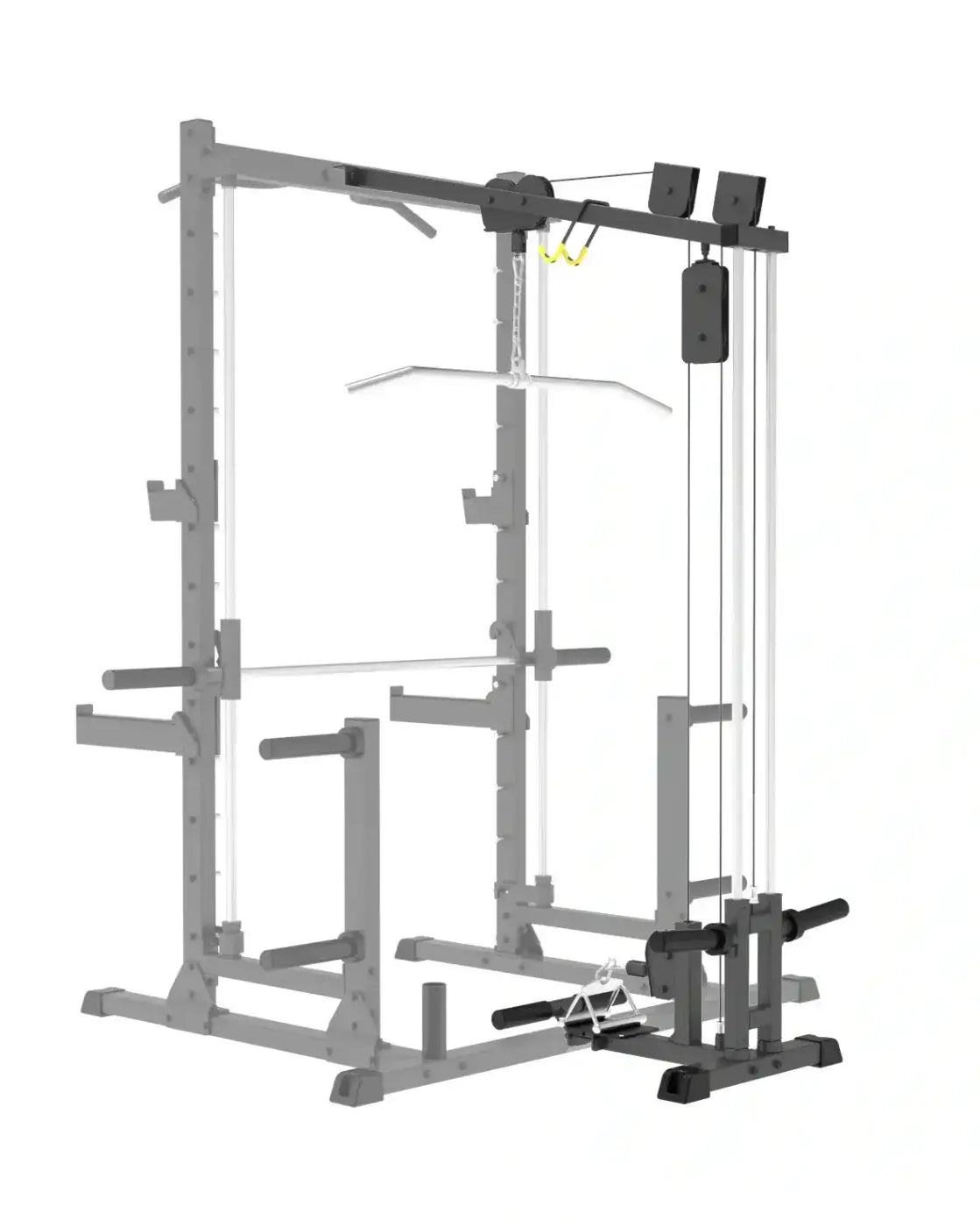 Gray metal pro series plate loaded lat pulldown and seated row attachment with cable pulley and adjustable racks