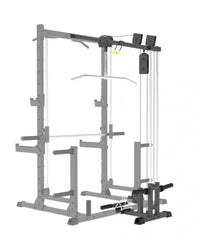 Gray metal pro series plate loaded lat pulldown and seated row attachment with cable pulley and adjustable racks