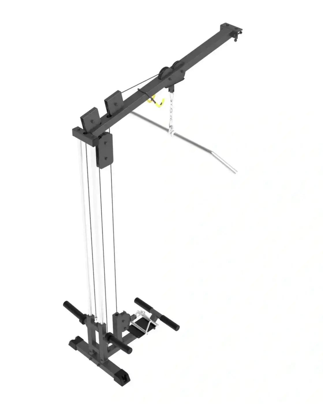 Black metal pro series plate loaded lat pulldown and seated row attachment with yellow handle and silver chain