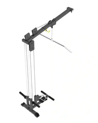 Black metal pro series plate loaded lat pulldown and seated row attachment with yellow handle and silver chain