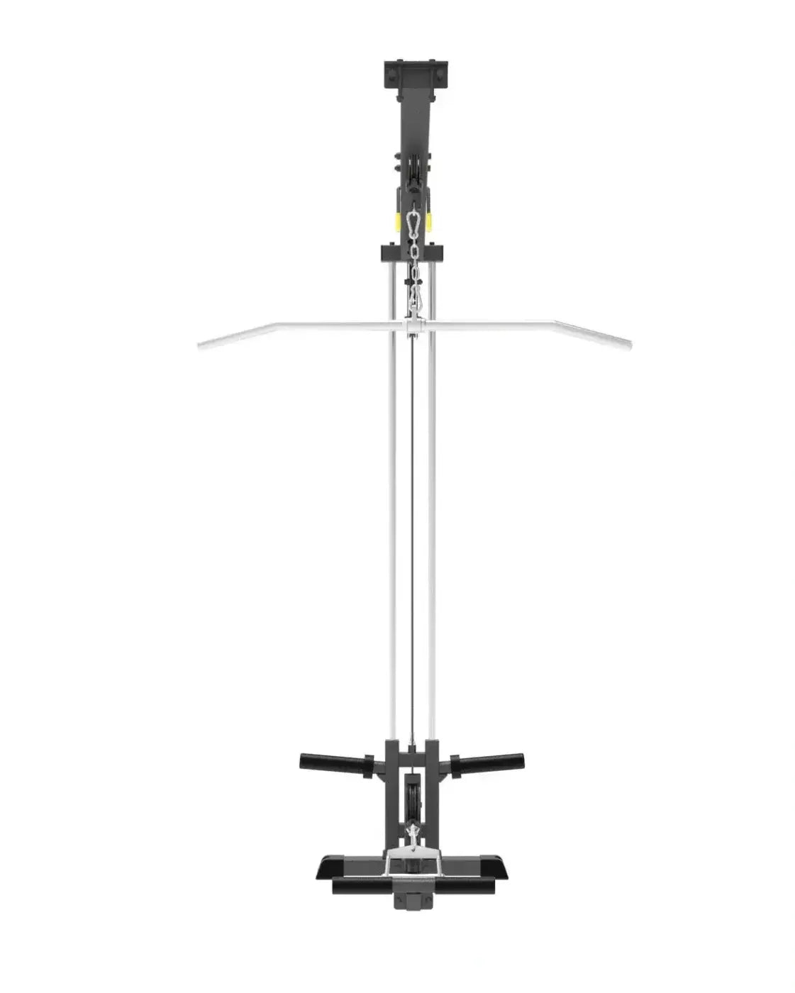 Pro series plate loaded lat pulldown seated row attachment in black and silver with adjustable weight and padded handles