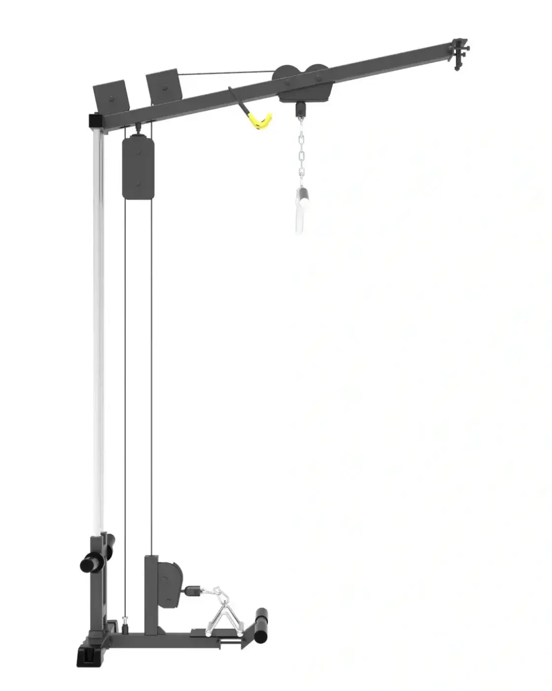 Black metal pro series plate loaded lat pulldown and seated row attachment with yellow handle and silver chain compact design