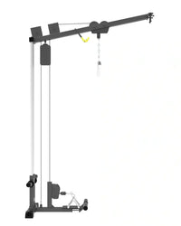 Black metal pro series plate loaded lat pulldown and seated row attachment with yellow handle and silver chain compact design