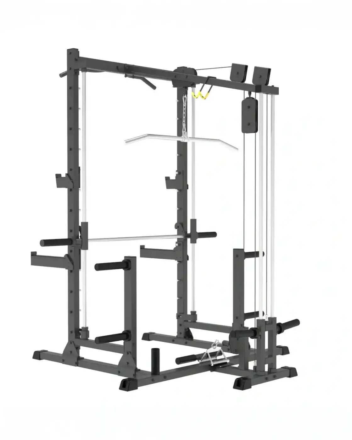 Black metal pro series plate loaded lat pulldown seated row machine with adjustable weight racks and cable pulley system