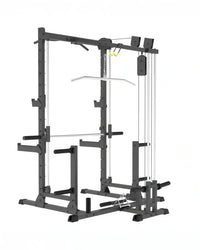 Black metal pro series plate loaded lat pulldown seated row machine with adjustable weight racks and cable pulley system