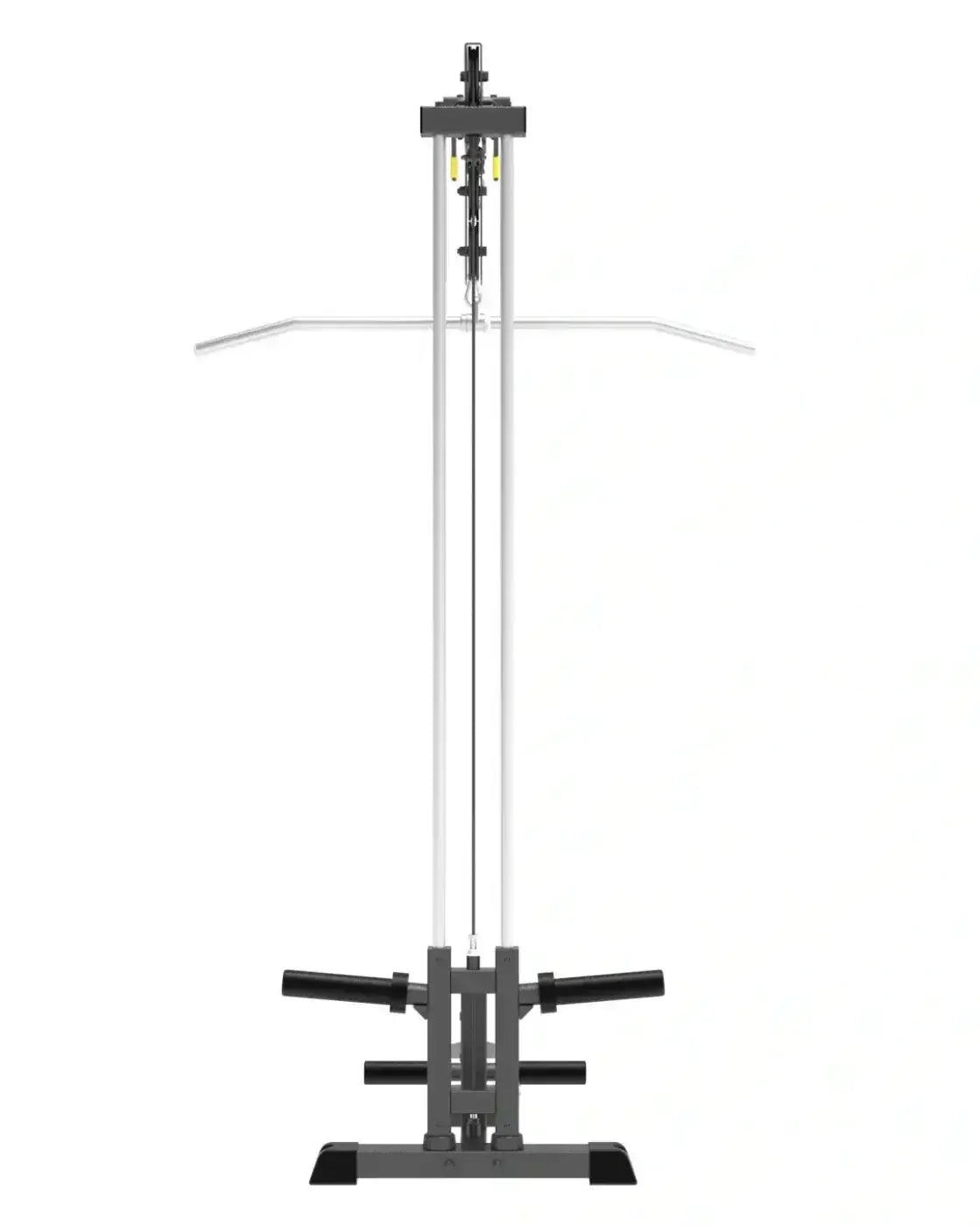 Black and silver pro series plate loaded lat pulldown seated row attachment with sturdy base and compact design