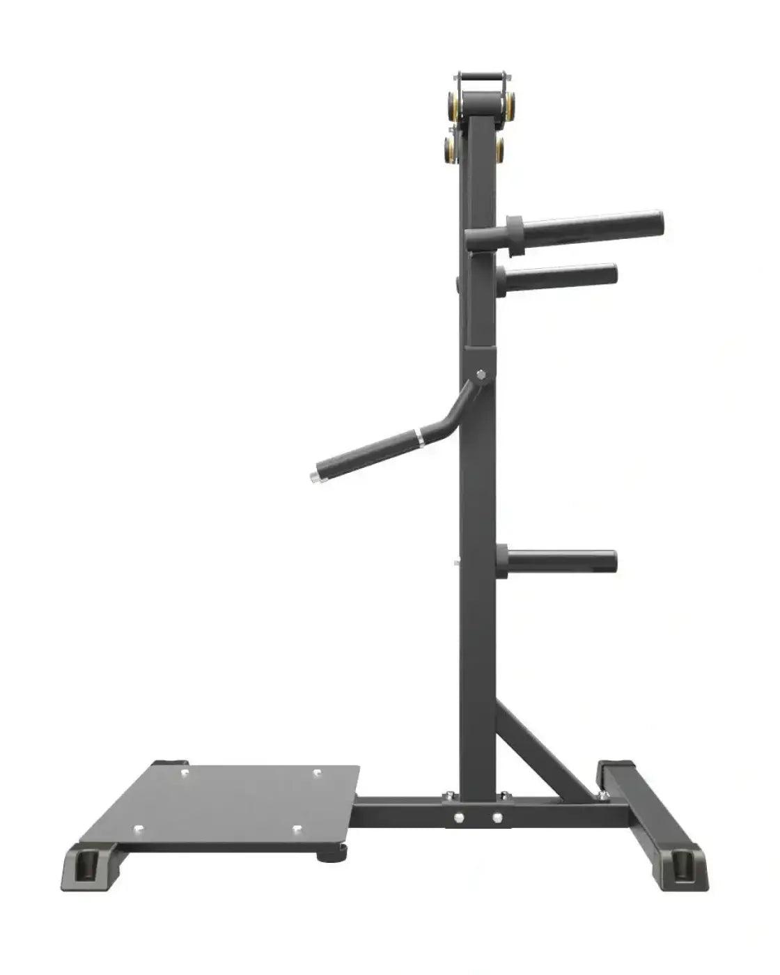 Black metal weight rack with multiple horizontal bars and flat base plate for pro series plate loaded lateral raise home fitness